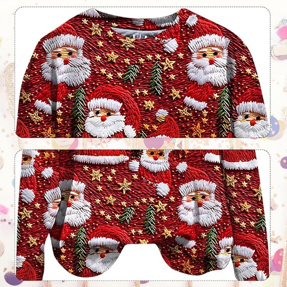 Yinbwol Women Red Long Sleeve Oversized Round Neck Pullover Christmas Sweatshirt - Picture 3 of 4